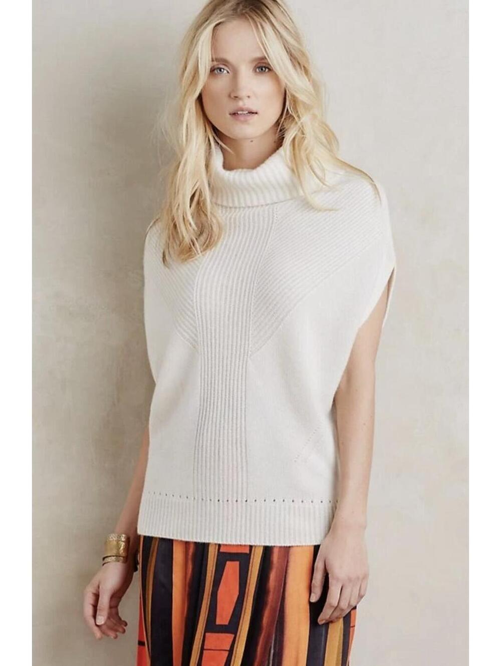 Moth Anthropologie 100% Cashmere Sweater Vest Cream XS Turtleneck Knit NWOT